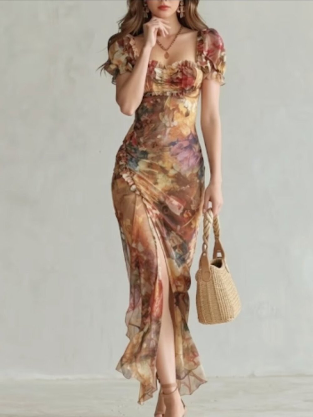 Bohemian Floral Print Sweetheart Maxi Dress with High Slit